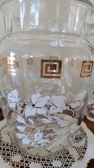Anchor Hocking Grecian Key White Leaves w/Gold Pitcher & 7 Glasses. Vintage MCM.