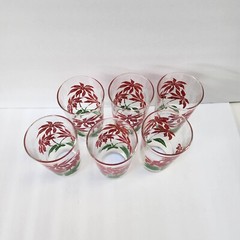 Vintage MCM Xmas Glasses Poinsettia Red & Green Glass Tumblers Set of 6 Barware