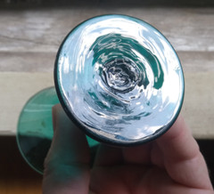 1800s FREE BLOWN PONTILED WINE GLASS PRETTY TEAL BLUE COLOR DOUBLE KNOB STEM