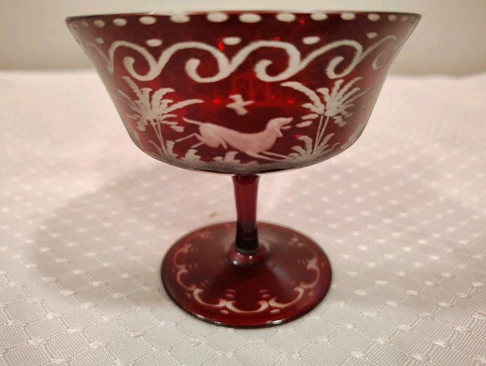 ATG Bohemian Ruby Red Cut To Clear Candy Dish Or Wine Goblet Running Dog