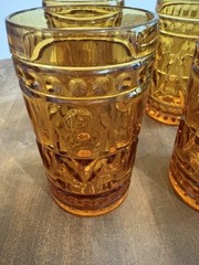 Indiana Glass Colony Park Lane Juice Glasses (4) Amber Gold Starburst MCM Retro