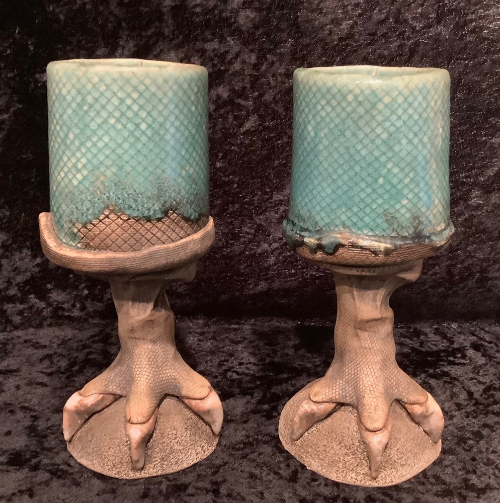 Vintage Pair (2) Richard Marshall Pottery Dragon Woo Claw Foot Goblets 7.5”