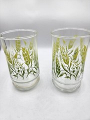 Set Of 2 Vintage Juice Glasses With Green Leaf Design
