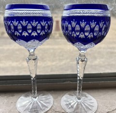 VTG NOBLE EXCELLENCE COBALT BLUE HAND BLOWN CRYSTAL WINE GLASSES HUNGARY 8”