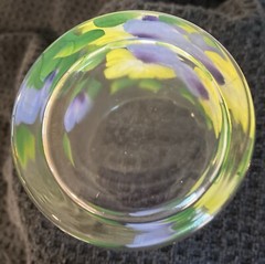 VINTAGE PAINTED TUMBLE UP BEDSIDE SET YELLOW, PURPLE PANSIES ON CLEAR GLASS 60’S