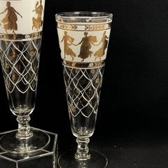 MCM Grecian Goddess Roman Gold Figures & Lattice Pilsners Bar Glasses Three (3)