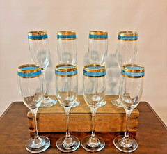 Set of 8 – Glass Champagne Flutes w/ Blue Teal & Gold Trim Mid Century Modern 9″