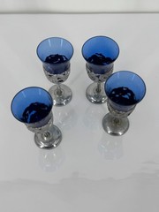 Vintage Cobalt Blue Cordial Wine Glasses Set of 4 Pewter Dragon Stem Goblets