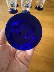Weston Cobalt Blue Footed Water Glasses Etched Floral Set 6-Vtg-Excellent-5×2.5