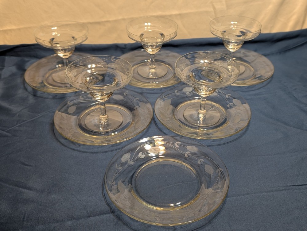 Vtg 5 Floral Etched Margarita Glasses/Shrimp Cocktail Dessert 6 Matching Plates