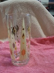 Fred Press Signed MCM Eclipse Atomic Sunburst Gold Gilt Highball Glass Yellow