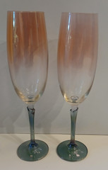 2 “Brigitte” By Colony, Elegant Glass, Iridescent Crystal Champagne Flutes