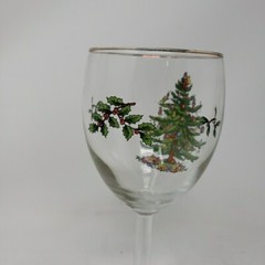 1 Vintage Spode Christmas Tree White Wine Glass Stemmed Gold Rimmed 7.25″ High