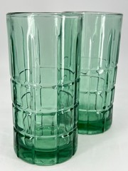 2 – ANCHOR HOCKING TARTAN GREEN PLAID 16 OZ BEVERAGE 6″ ICE TEA GLASSES TUMBLERS