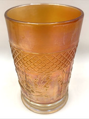 Dugan Marigold Carnival Glass Lattice & Daisy Tumbler