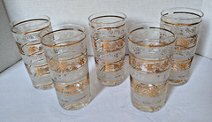 5 Vintage MCM Libbey Gold Embossed Grape Leaf Highball Glasses