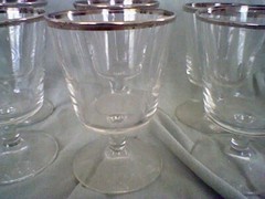 vintage 1960s set of 6 glass cocktail cups with silver trimming