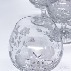 6x Vintage Crystal Glass Cognac Glass with Flower Decor, Cut 60s/70s