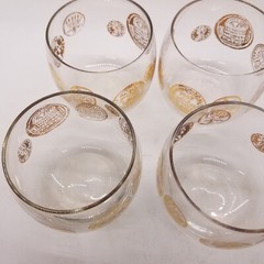 4 Federal Roman Gold Coin Roly Poly Glass Barware 3 1/4×3″ MCM Vintage Cocktail