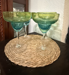 Pier 1 Green & Blue Glass Margarita Glasses Set of 4, 7″ Tall, 5″ Diameter