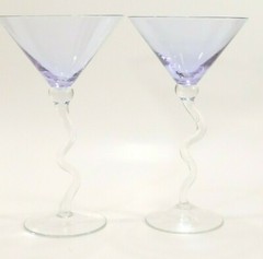 2 Martini Glasses Iridescent Purple Bowl Hand Blown w/Clear Wavy Zig-Zag Stem