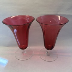 Cranberry Art Glass Goblet Wine Water Clear Stem 12 Panel Optic 6.5″ Vintage MCM