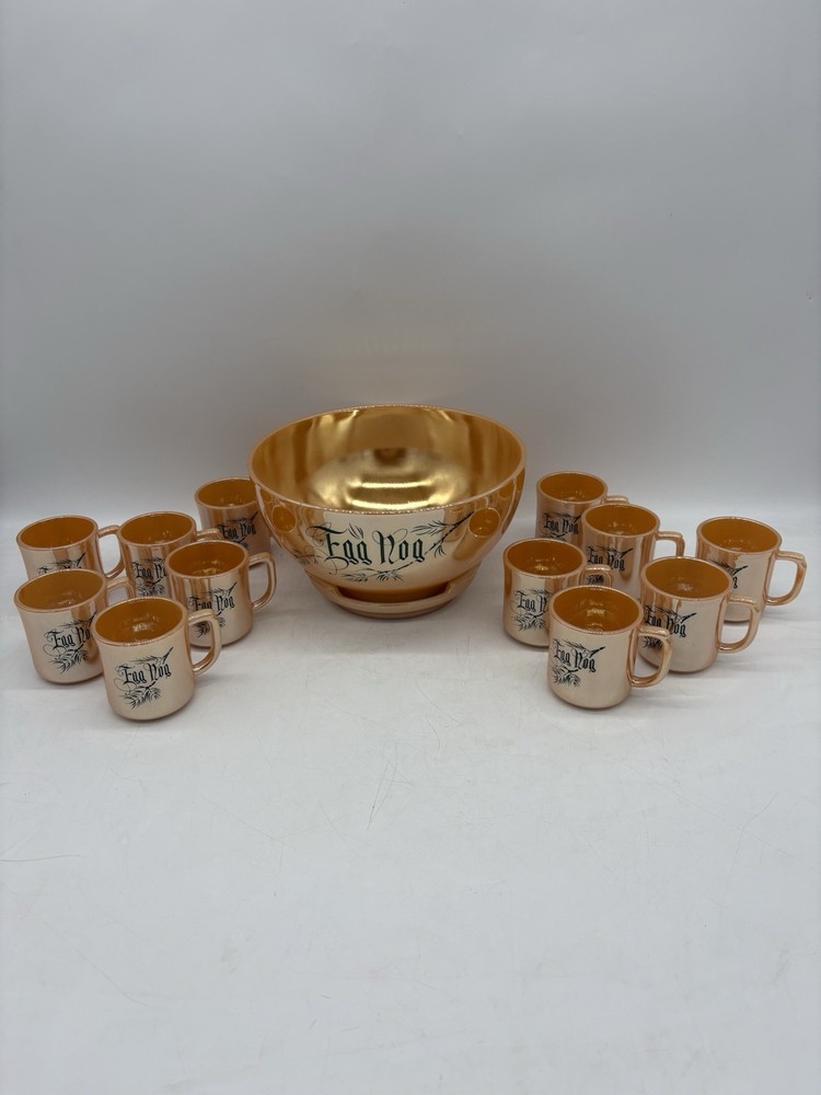 Vintage MCM Fire-King Ware Peach Luster Egg Nog 14 pc Set Bowl/Stand/12 Mugs