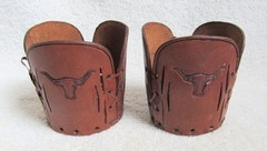 4 Western Cowboy Ranch Leather Longhorn Steer Drink Glass Cozy Holder Coaster