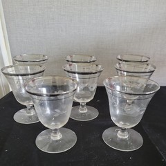 8 Etched Dessert Glasses Clear Glass Vintage with Platinum Trim.