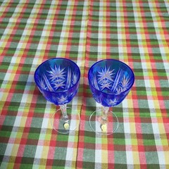 Wine Glass Kiriko Engraved on the glass #16 14.5×6.5cm/5.7×2.55″ set of 2 Blue