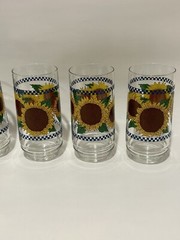 6 Vintage Glass Tumblers 16 oz To Rim 5 3/4″ Tall Sunflowers, Blue Checkered