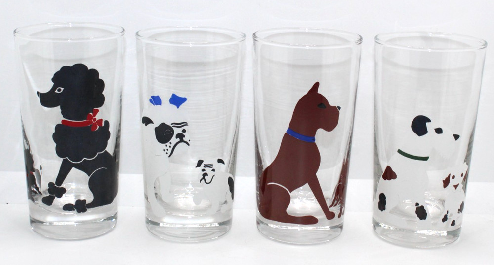 Libbey Dog and Puppy 4 Glass Set Poodle Boxer Bull Dog Schnauzer Dogs Puppies