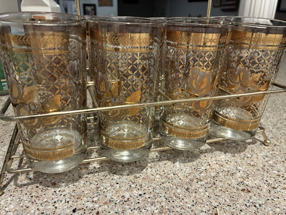 Set of 6 Culver «Starlyte» Golden Rose highball glasses WITH CADDY