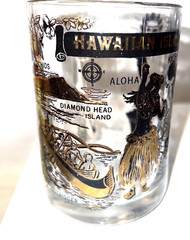A vintage mid century Hawaii souvenir tourist mug black & gold designs 60s