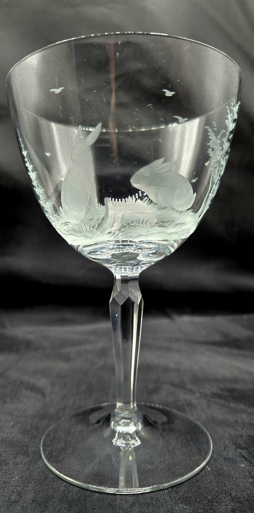 Moser for Rowland Ward Crystal Wine Glass 5-1/2″h Rabbits Bunny Game Hunting
