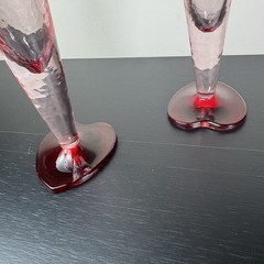Pink Champagne Flutes Red Heart Bases Romantic Art Glass Set