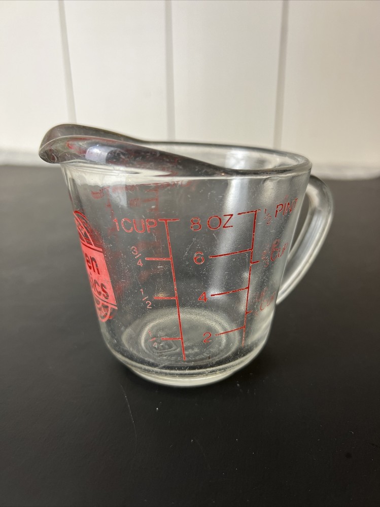 Vintage Anchor Hocking D Closed Handle Oven Basics 1 Cup Glass Measuring Cup 496