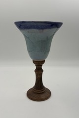Vintage Blue Drip Glaze Wooden Stem Abstract Retro Art Pottery Goblet 8”
