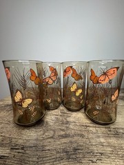 4 VTG Libbey Smoked Monarch Butterfly Wheat Tumblers Glasses Retro 5” …