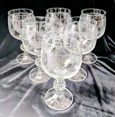 Victorian Etched Wine Glasses,Set Of Six,6″ Tall