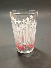 Vintage MCM 1940s-50s Juice Glass Pink And White Stripes And Daisies 3.5″
