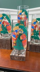 Vintage Libbey Tropical Parrot Clear Tall Glass Tumblers.