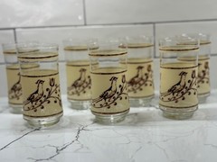Libbey Tumbler Glasses (7) 16 oz Partridge Quail Bird Brown & Cream Crackle VTG
