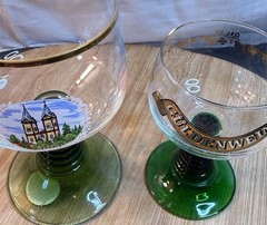 Vintage German Roemer Wine Glasses Green Stem Gold Rim Güldenwein Bingen Pair
