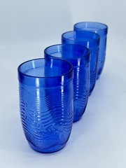 4 Sea Life Embossed Blue Glass Tumblers Seahorse Starfish Shell Fish Wavy Lines