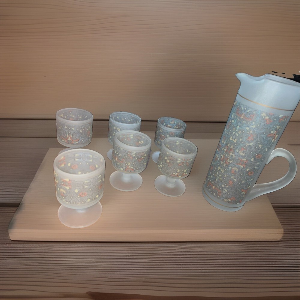 Vtg / Aspertif 5″ Frosted Nuveau Glasses And pitcher 7 Pc Set