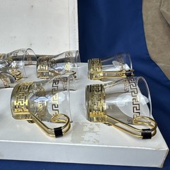 Greek Key Continental Cup Set of 8 by Libbey MCM 60s Art Deco Gold Metal Mugs