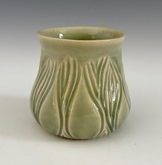 Lynn Trott Studio Art Pottery 3 1/4″ Glossy Carved Celadon Green Cup
