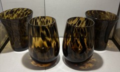 VTG Tortoiseshell Art Glass Barware Set 4 Hand Blown Tumblers MCM Leopard 4pc