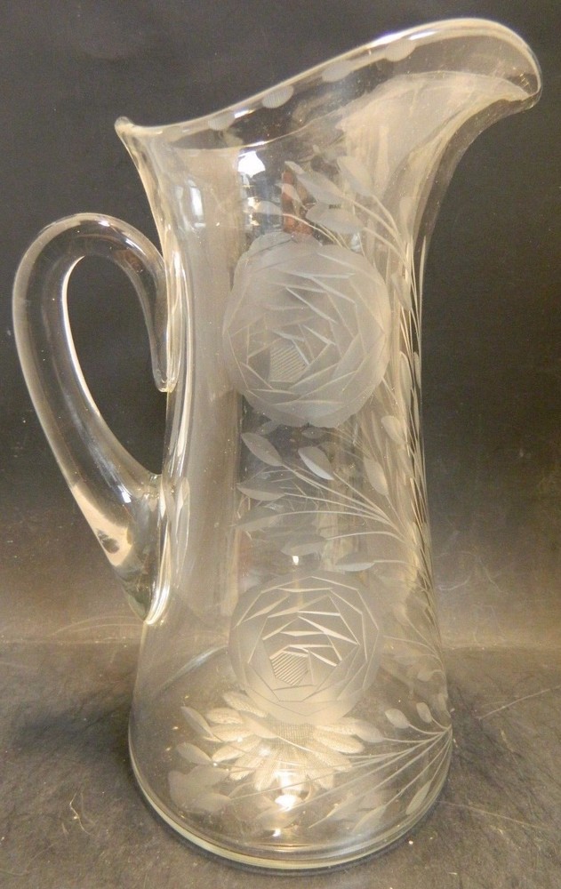 Vintage ABP Etched Rose & Daisy Crystal Pitcher 10.5″ x 5.63″ Excellent Cond